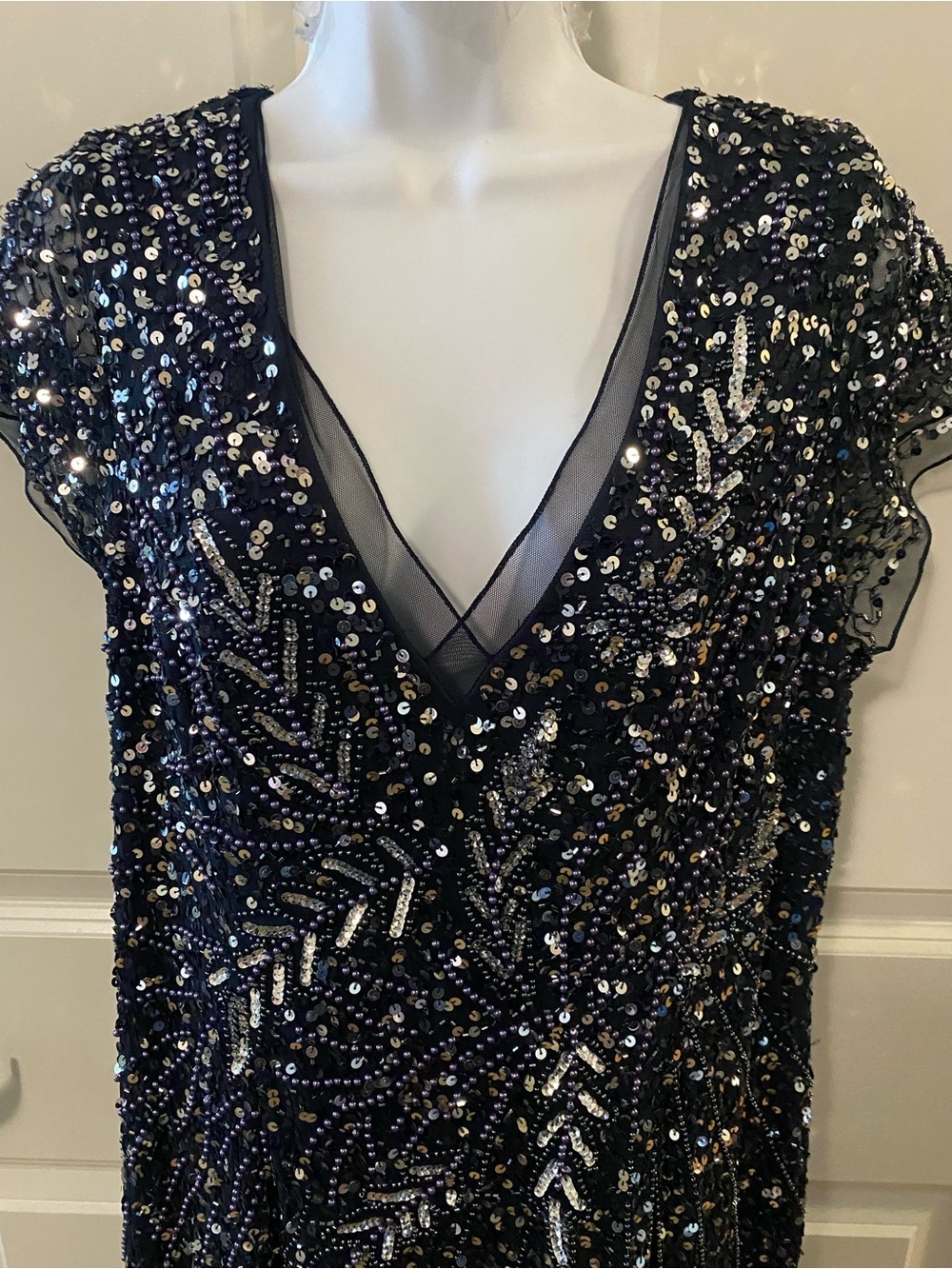 Adrianna Papell Navy Sequin V-Neck Maxi Gown - Picture 2 of 8